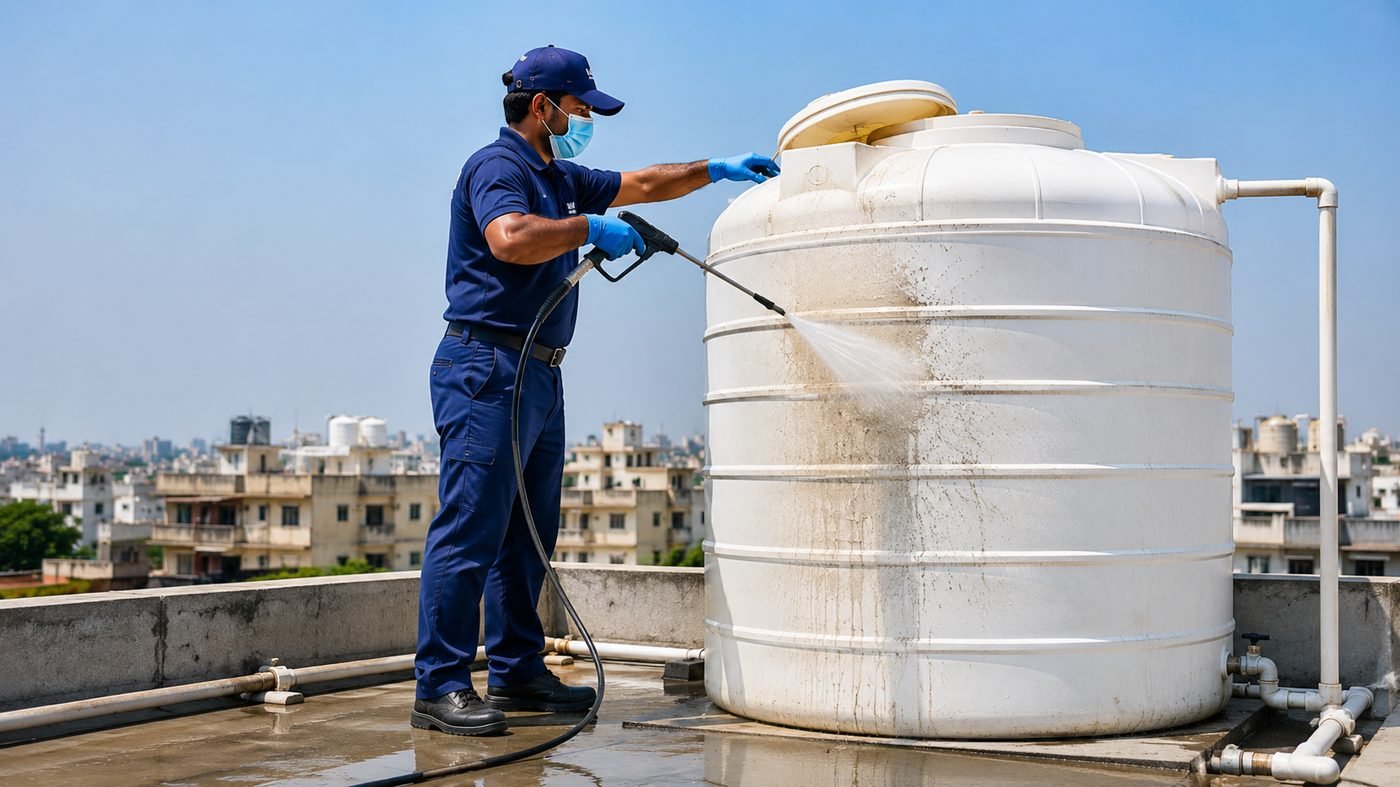 SafaiWala technician cleaning the exterior of a rooftop water tank